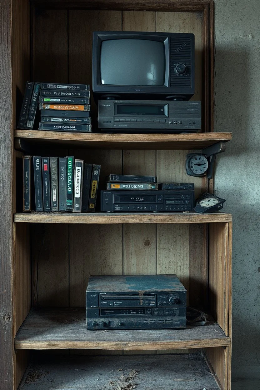 "A very old paints cracked dirty abandoned of very old VCR tapes as junk on a dusty old wooden shelf ,below it another shelf has a Old rusty VCR device on the top another shelf has an old tv device, insanely detailed octane render trending on artstation, 8k artistic photography, photorealistic concept art, soft natural volumetric cinematic perfect light, chiaroscuro, award-winning photograph, masterpiece, oil on canvas, Raphael, Caravaggio, Greg Rutkowski, people, beksinski, Gige