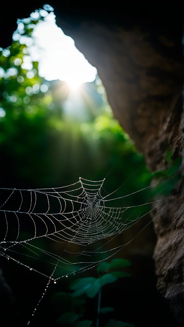 A very fine spider web in front of a cave and a dove in the nest crepuscular lighting, unsplash photography, BOKEH shot style of time-lapse photography, fujifilm provia 400x, 100mm lens, luminous shadows, renaissance-inspired , home and garden, wildlife nature photography, HDRI. A nest in front of the spider web with a dove laying in it