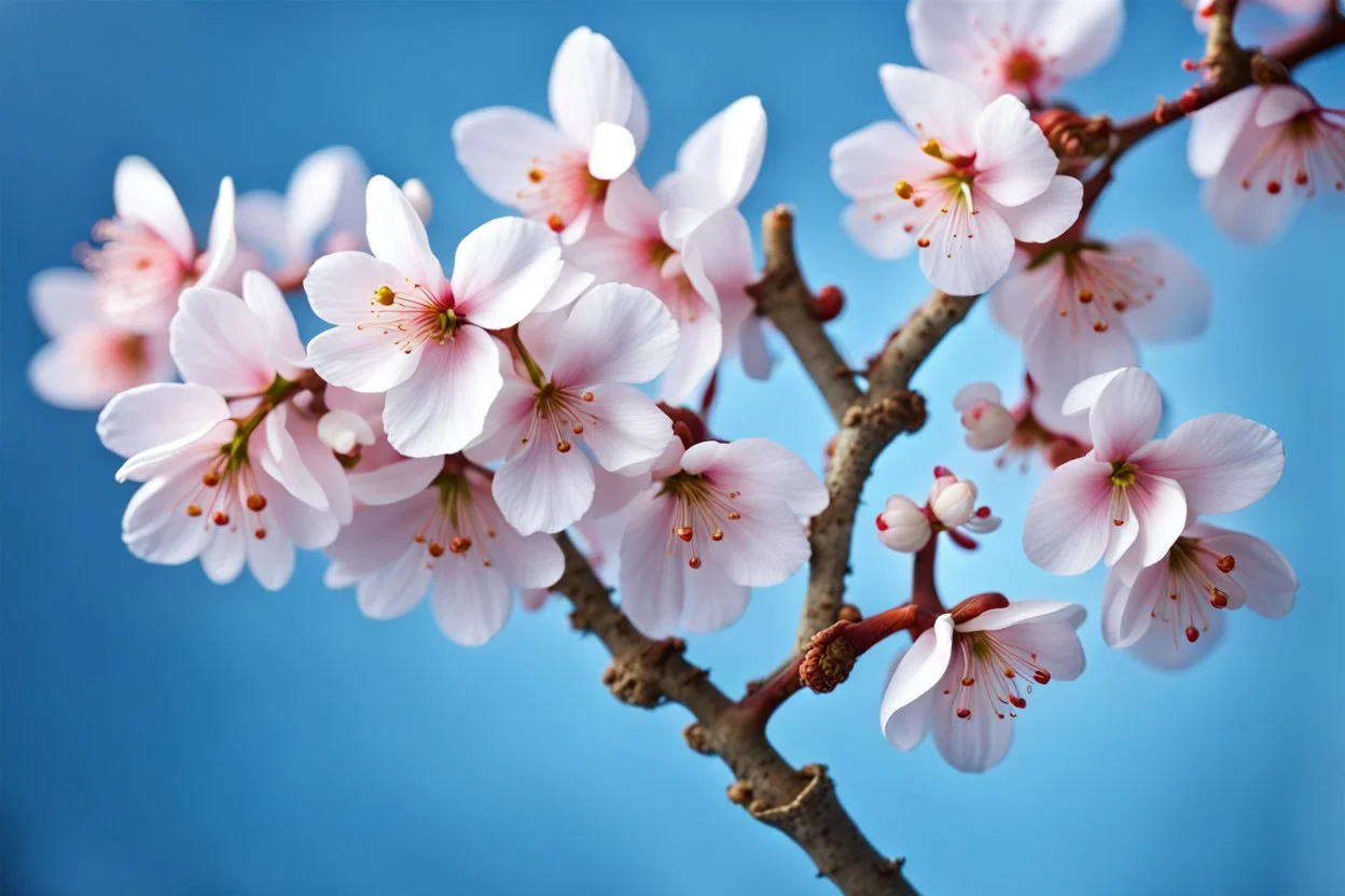 fantastic light pin blue background with four bunches of cherry blossoms