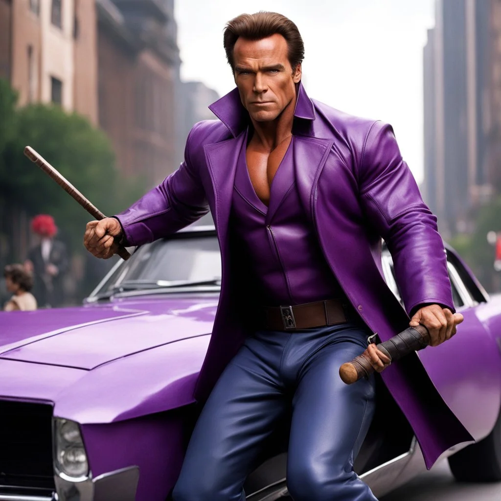 Arnold Schwarzenegger is in the role of Gambit, complete with the iconic purple outfit, long brown leather coat, and wooden bo staff. His portrayal of the Cajun X-Men mutant jumping over a car in action in the city.