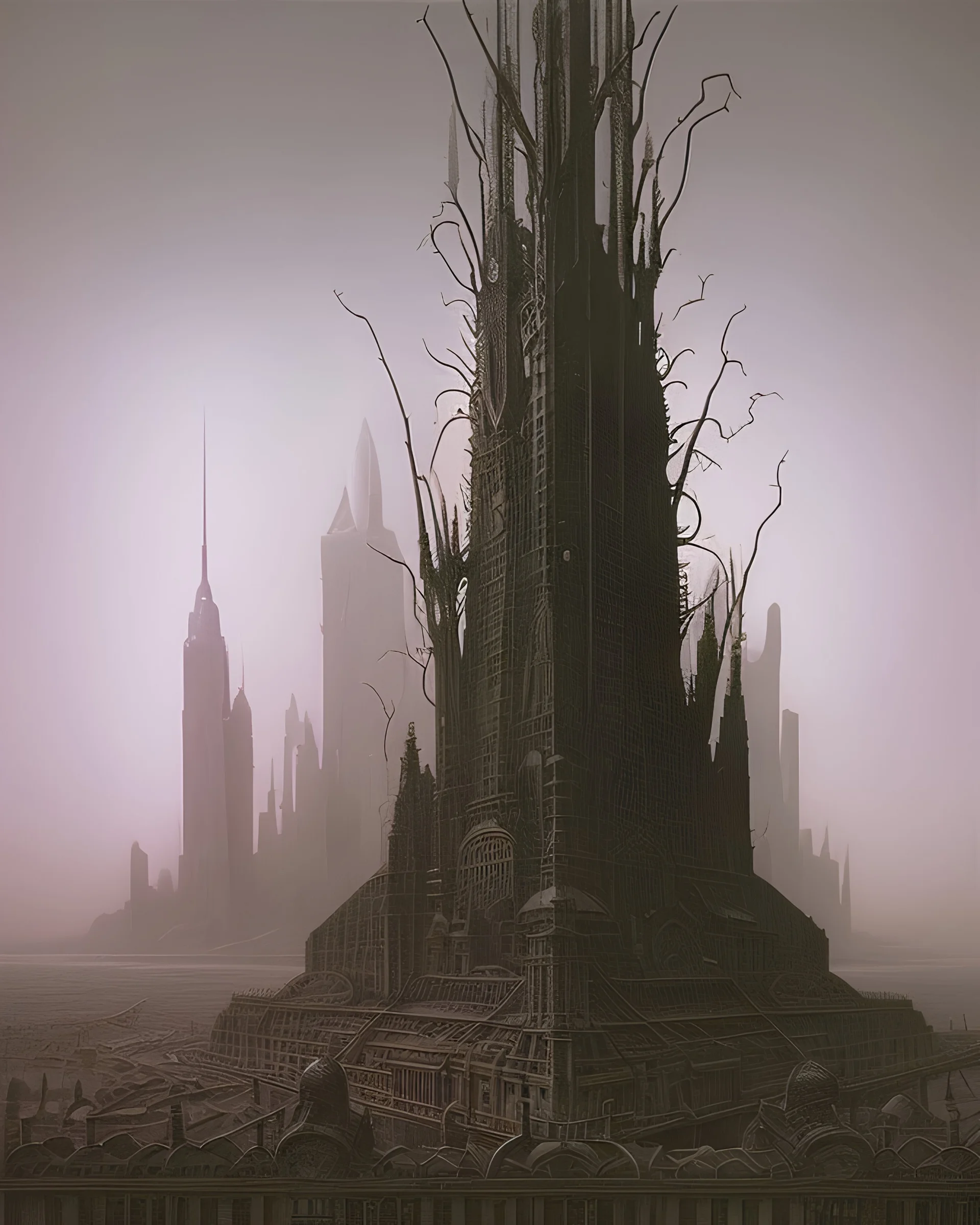 A vision of an city, in the style of dark fantasy art, intricate details, moody lighting, influenced by the works Zdzisław Beksiński, reflecting on the impermanence of humanity and the resilience of nature.