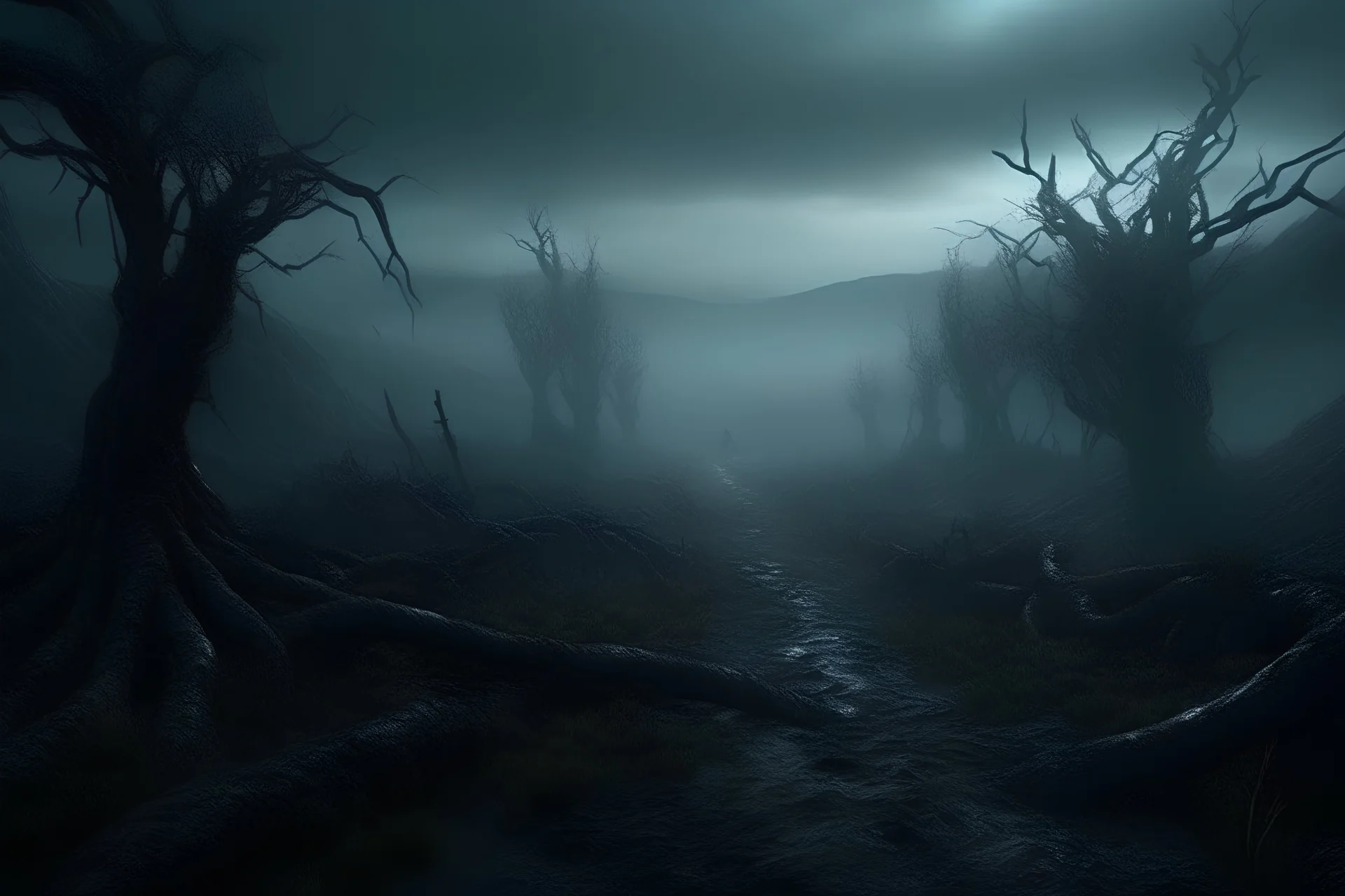 dark of a nightmare ten miles high and six foot deep, hyper photorealistic, hyper detailed dark art color, high resolution, fog, octane render, tilt shift, HDRI Environment