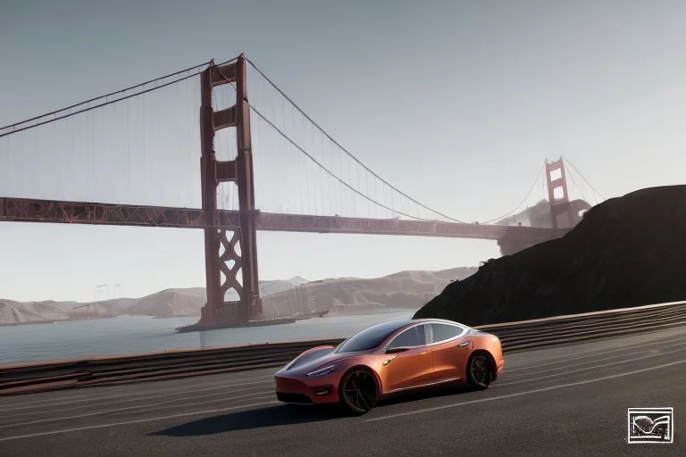 A Tesla 'Model Y' is racing at top speed, on the 'Golden Gate' bridge. (CINEMATIC, WIDE ANGLE LENS, PHOTO REAL)