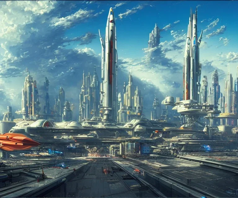 Spaceport on a heavy industrialized planet with a vibrant city in the background and a docked spaceship in the foreground, art by John Berkey, buildings with glass facades, Brutalität architecture, insanely detailed, vibrant, 8k uhd, cinematic atmosphere, ultra-wide angle, street level view, brush strokes, blue sky with clouds, sharp focus