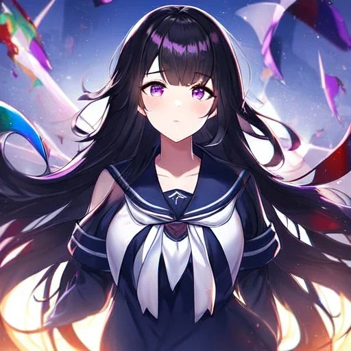 Clear focus, High resolution, Black long fluffy hair, purple eyes, wearing a sailor uniform, shattered rainbow in triagle formation