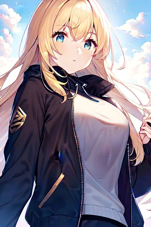 blonde girl falls with jacket from the sky,