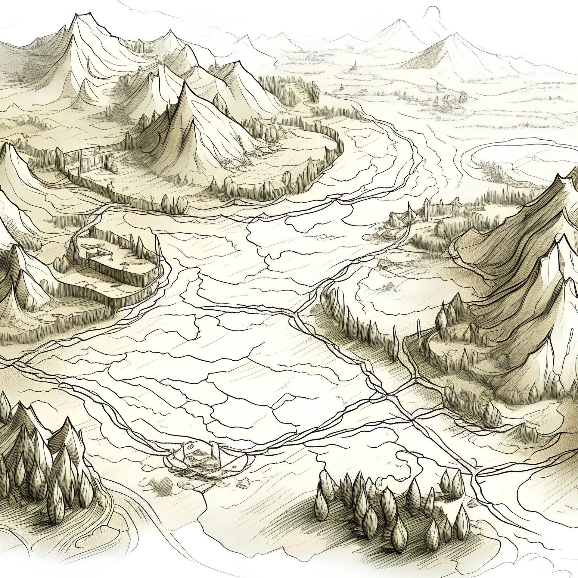 topograhpical map, illustration, aged, handdrawn, sketch, white, valley, post apocalypse