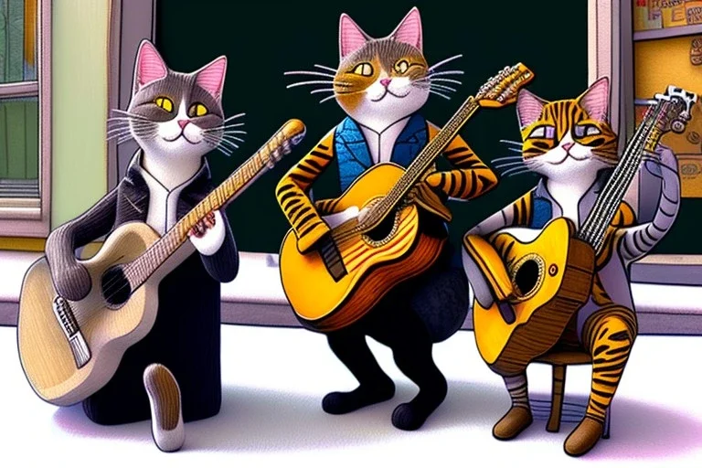 Group of three mature cats musicians, one cat playing guitar, one cat playing drums, one cat holding microphone and singing, singing, street, Vienna, smiling, sunny day, model style, hyper realistic, extremely accurate, delicate, extremely detailed, Graphic novel style, wide-angle, open aperture, superfine pencil