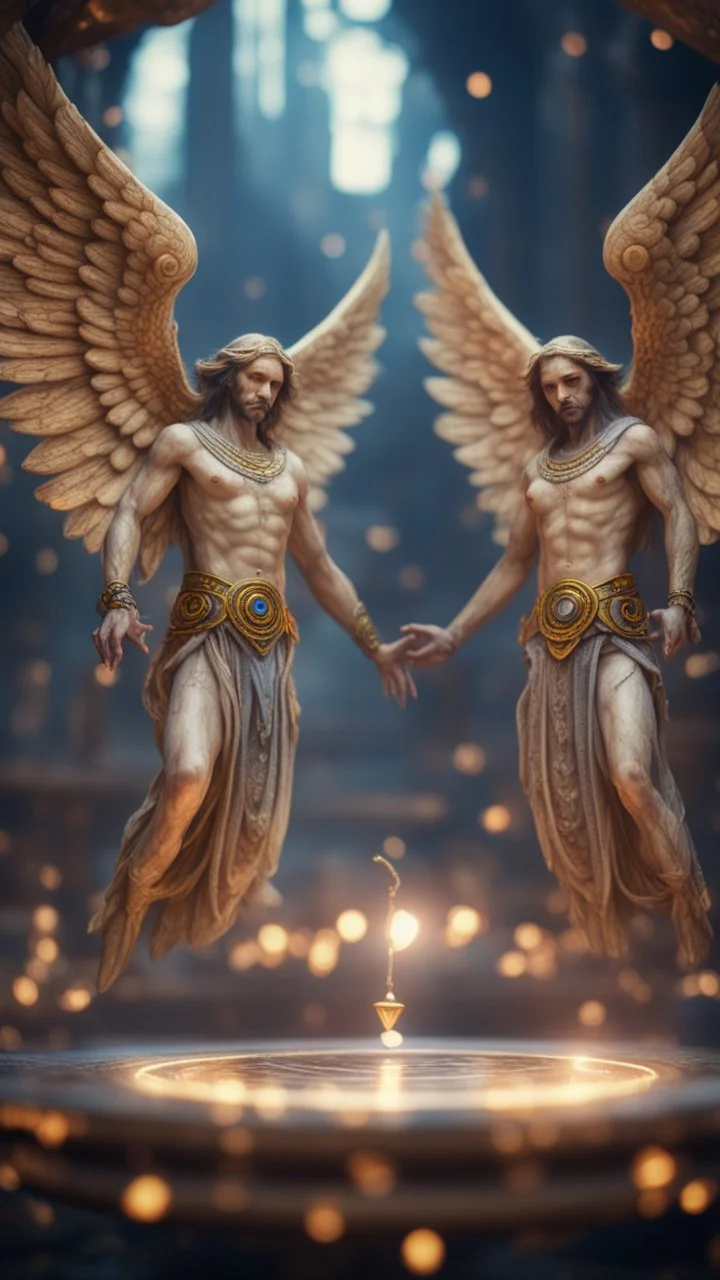 sacred geometry, Harut and Marut are a pair of nephilim angels hanging upside down inside the well. They are said to tempt humans by teaching them the arts of sorcery, bokeh like f/0.8, tilt-shift lens 8k, high detail, smooth render, down-light, unreal engine, prize winning