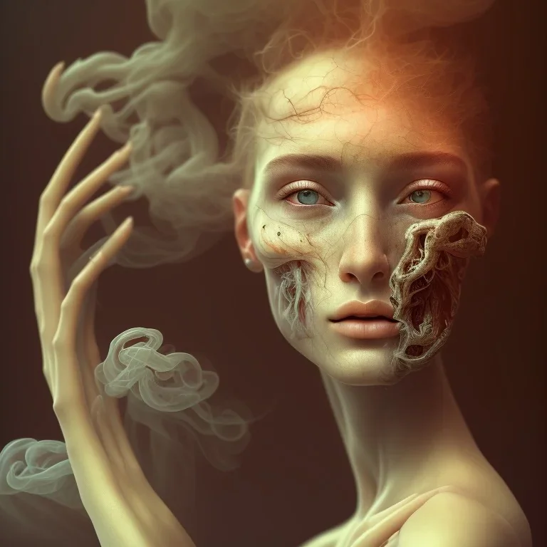 portrait photography of ethereal beauty, 8K, a woman's head, Portrait of a woman by Michelangelo, close-up face, anatomically perfect face, a sunny atmosphere, misty smoke, oak tree roots