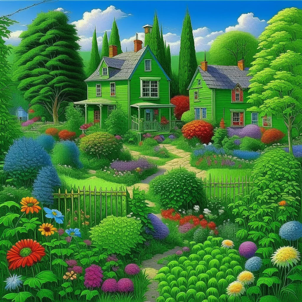 A garden in a small green town painted by Frank Wilson