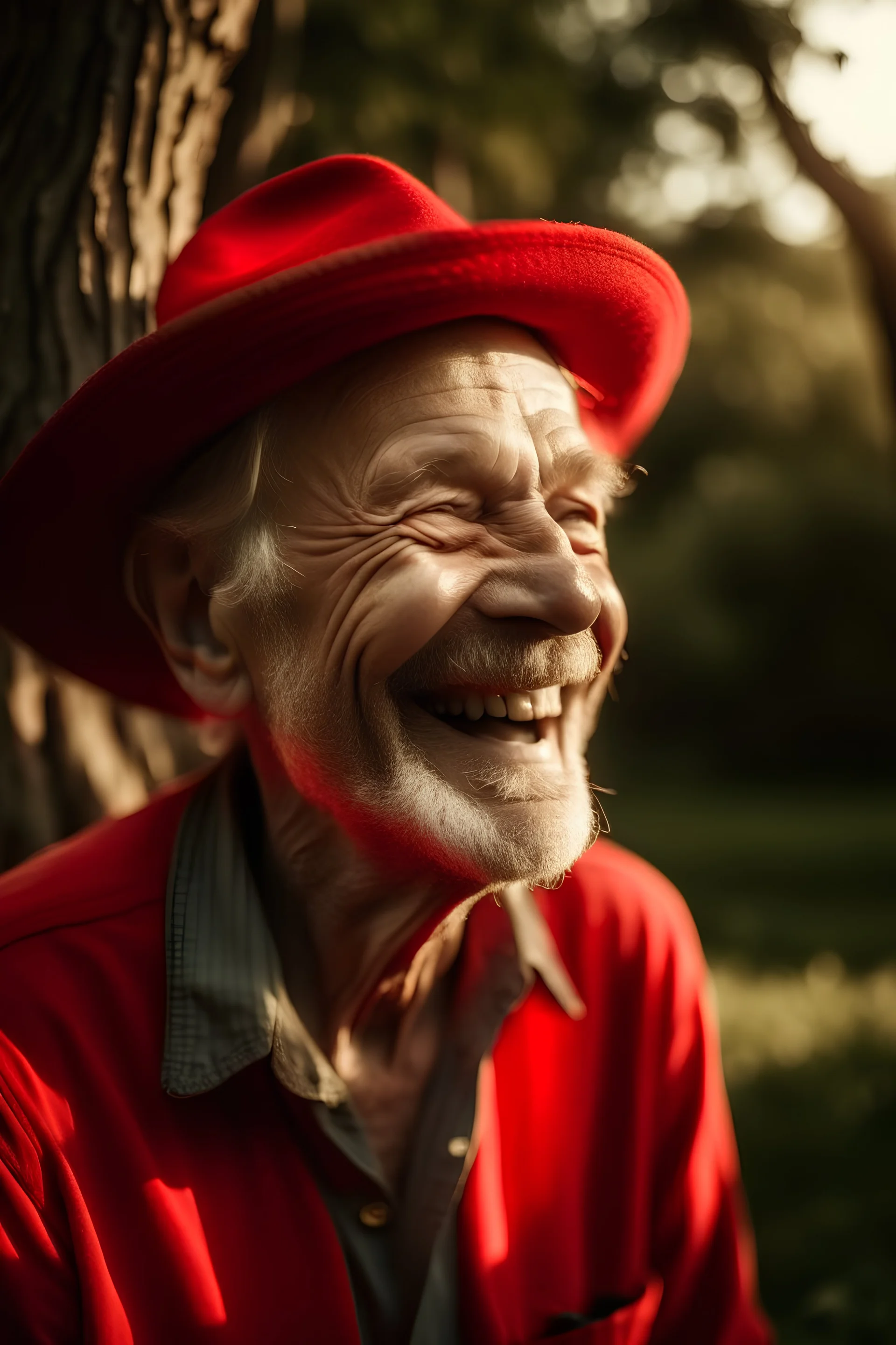 A laughing old man wearing a red hat. Behind him is a house on a tree and the sun