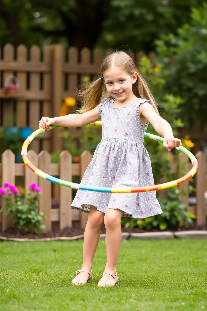 a pretty 7 years old girl with blue eyes and nice dress and shoes play hula hoop in children play garden