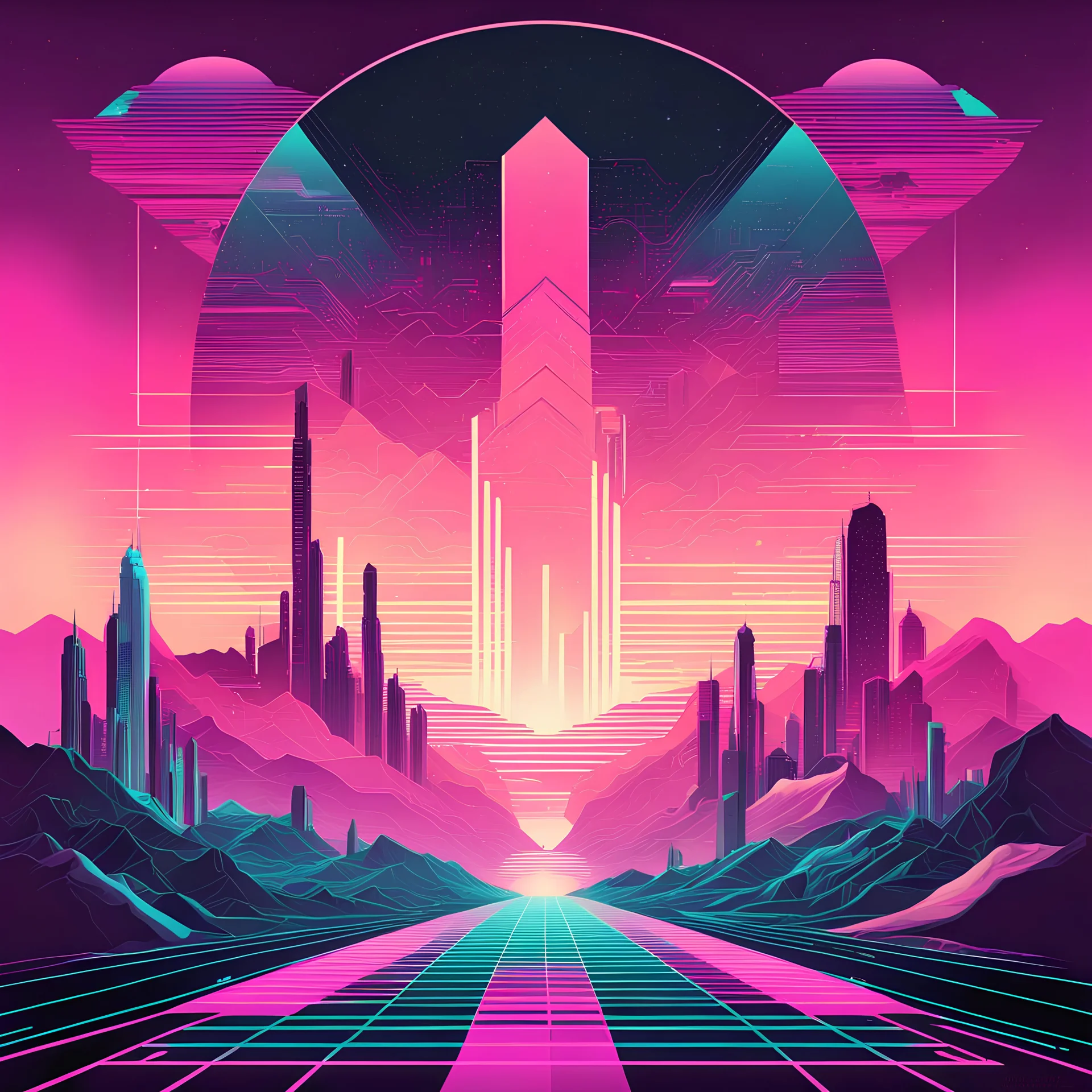 by Petros Afshar, Abstract Vaporwave masterpiece, by Petros Afshar, highway running toward silhouette of an alien desert metropolis, pastel neon colors, pink and purple and turquoises, abstract, profound, pronounced geometric grid lines and shapes artistic artifacts