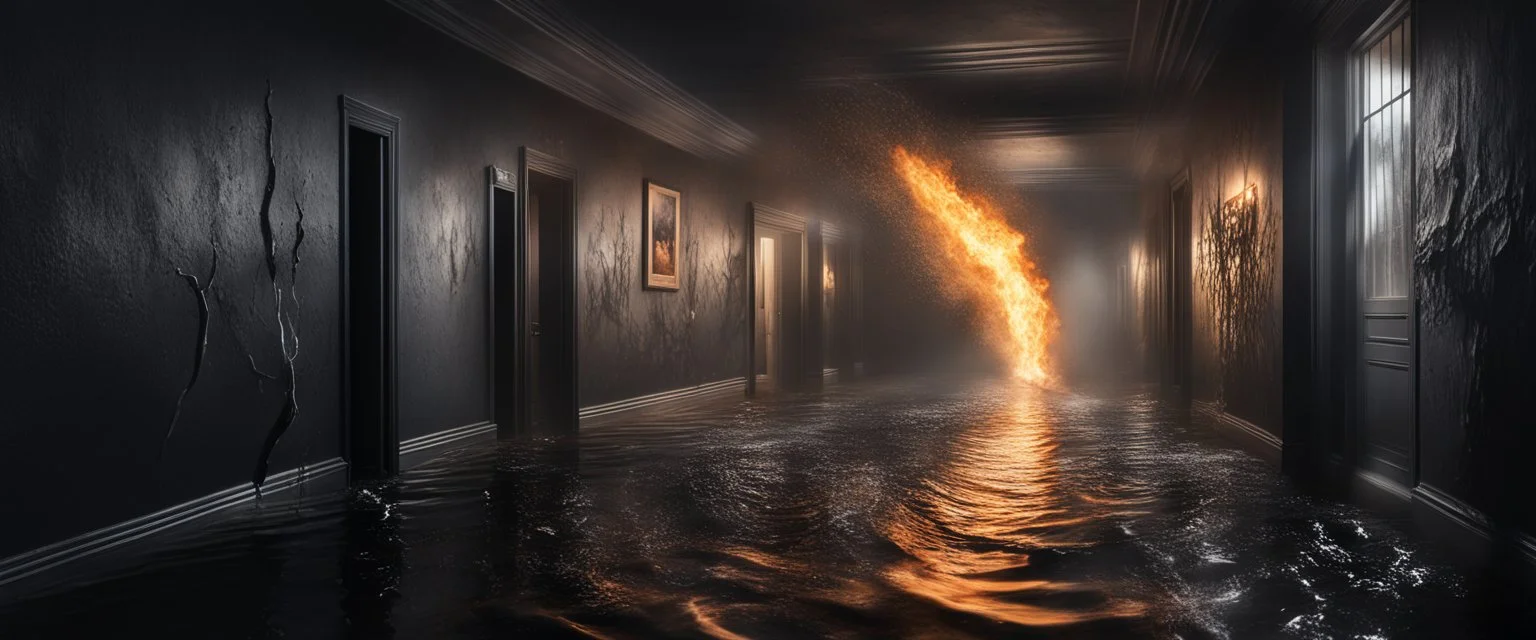 Hyper Realistic flood water wave splashes inside a haunted hallway with black walls & flame torches on wall at night with light rays from window