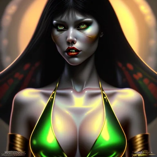 ultra detailed portrait of beautiful Vampirella , wearing a bikini plate armor, extremely detailed digital painting, extremely detailed face,crystal clear green eyes, in the style of robert e howard and pablo oliveira and Ken Kelley, mystical colors,perfectly centered image, perfect composition, rim light, beautiful lighting,8k, stunning scene, raytracing