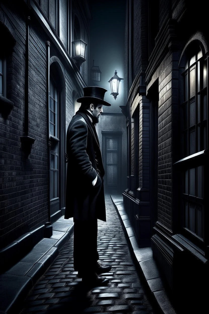 man in dark clothing, hiding around a corner while looking down on a brightly lit Victorian street