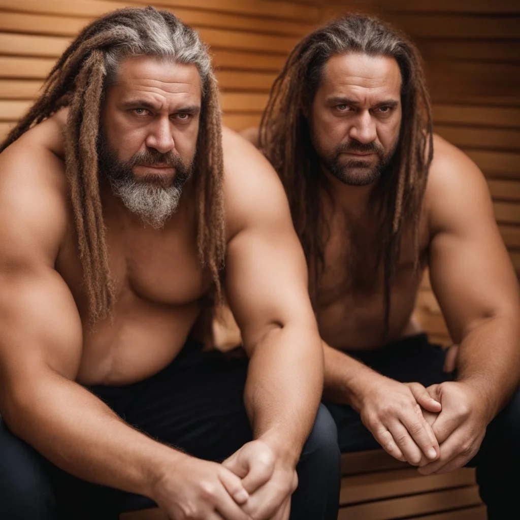 half figure shot photography of two angry gipsy 41 years old burly chubby ugly men embracing tightly, dreadlocks, shirtless, in a sauna