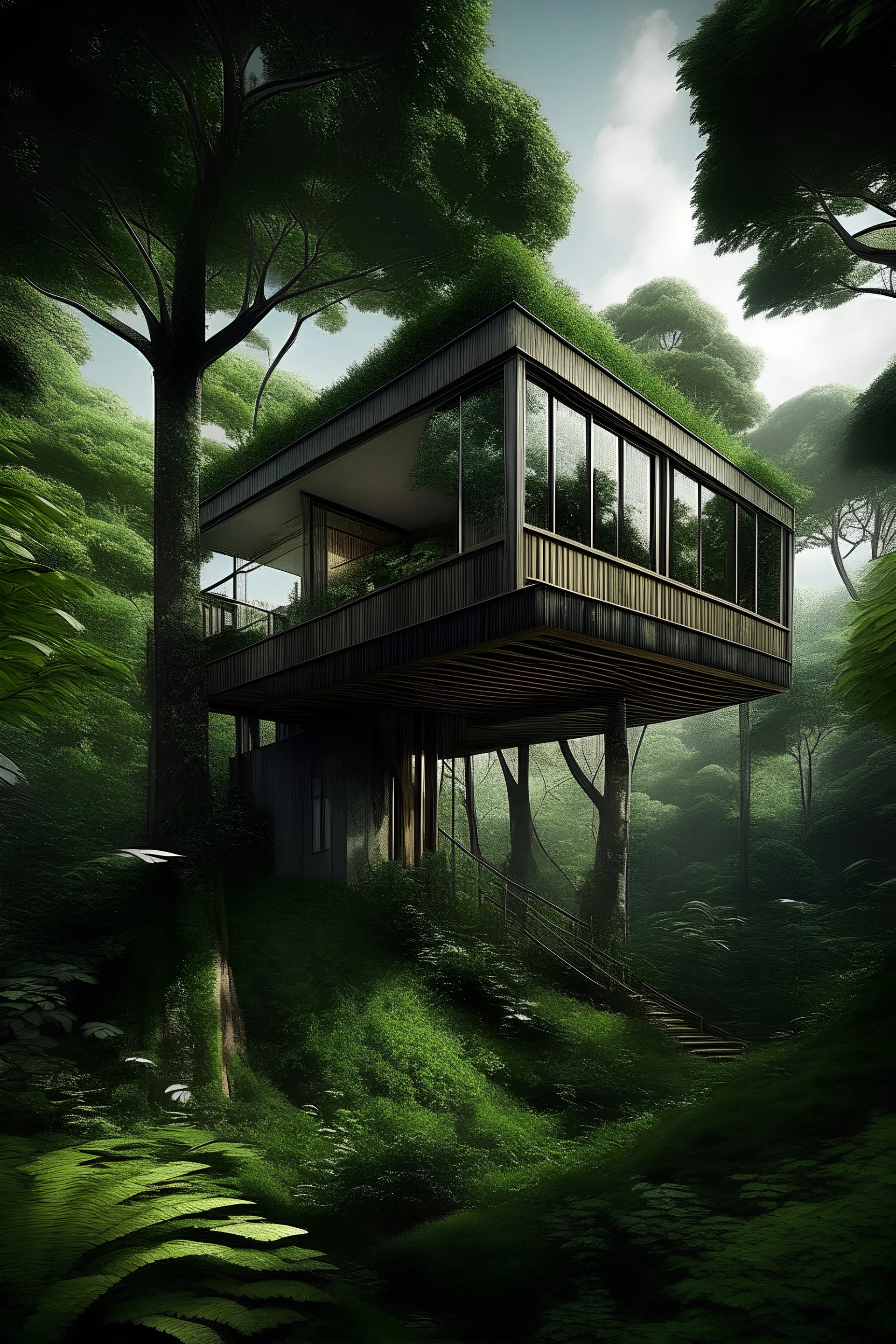 Une petite maison perchée dans les hauteurs d'un grand arbre luxuriant, au cœur d'une forêt dense et mystérieuse. Les détails comprennent une architecture élégante et harmonieuse, intégrée de manière organique à l'environnement naturel, avec des touches de modernité discrètes. L'image devrait capturer la magie de cette résidence insolite, mettant en valeur la connexion entre la structure humaine et la nature majestueuse qui l'entoure.