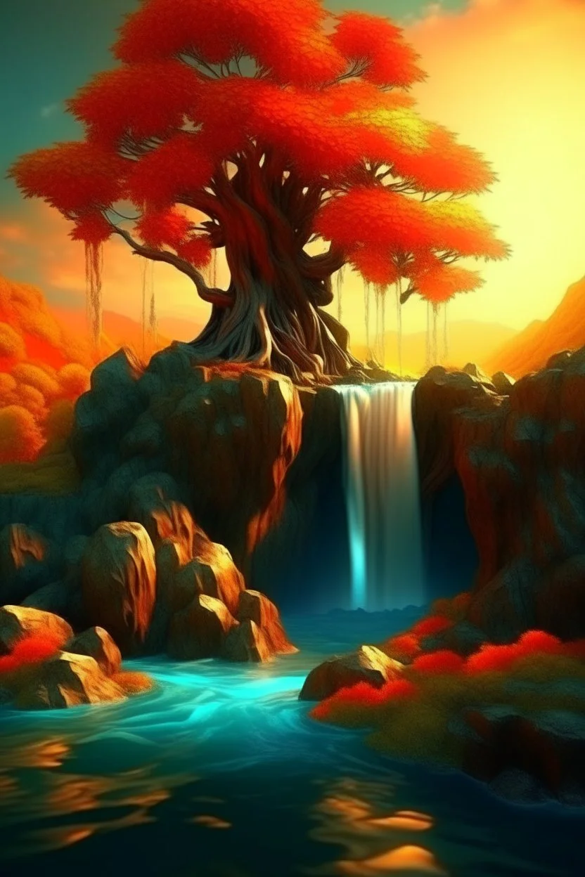 A beautiful stylized landscape, alcohol ink, large blots, a huge tree with red leaves stands in a rocky area, behind the tree there is a sunset, which has orange and red hues, waterfalls trickling between the rocks, reflection in the water, green vegetation, tranquility and harmony , 3D, 4K, HDRi.