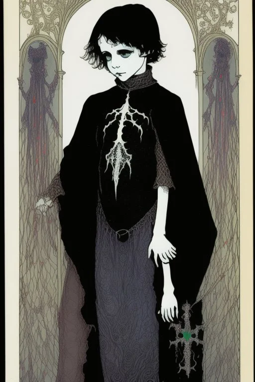 7 year old boy, necromancer, friendly, looks dead,with a long lamprey emerging from his belly , wearing black robes, in the style of Harry Clarke