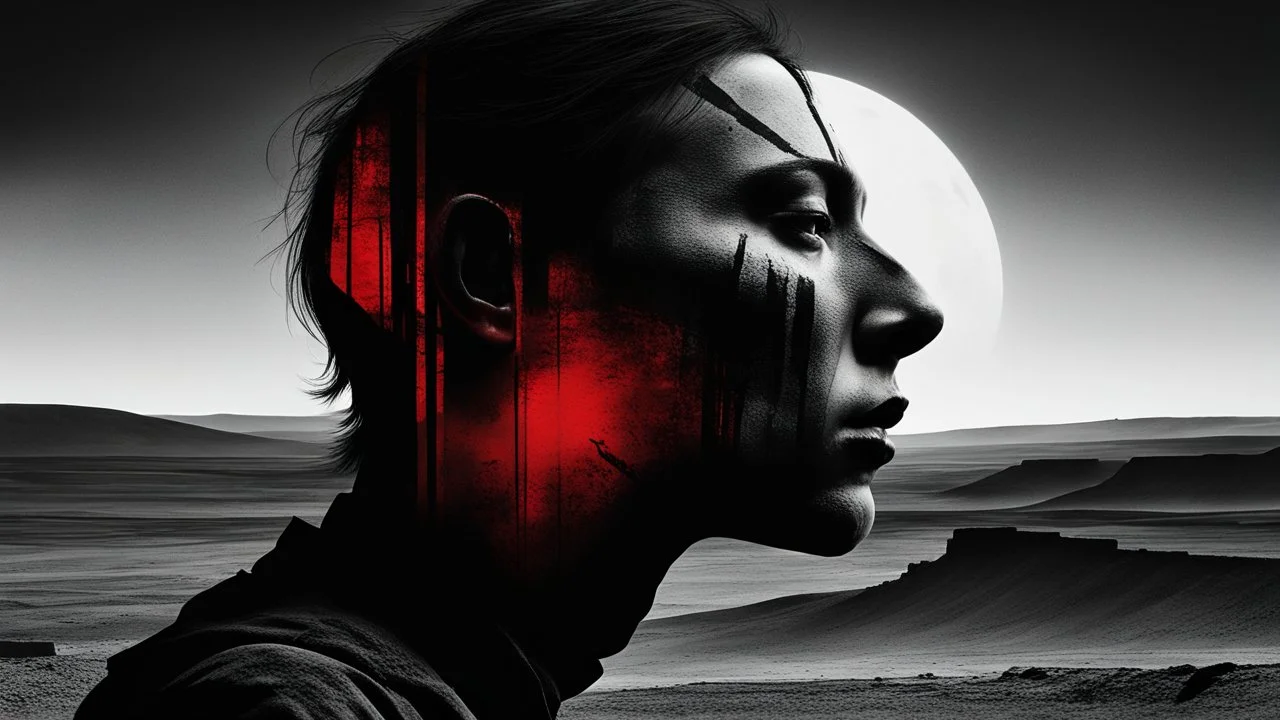 black and white portrait, a human face in profile, gaze into nothingness, three red engraved stripes on the face, alone, pain, background behind it a surreal, barren landscape, ruins, and a black sun. dark, thriller, gloomy vibe, utopian, dramatic