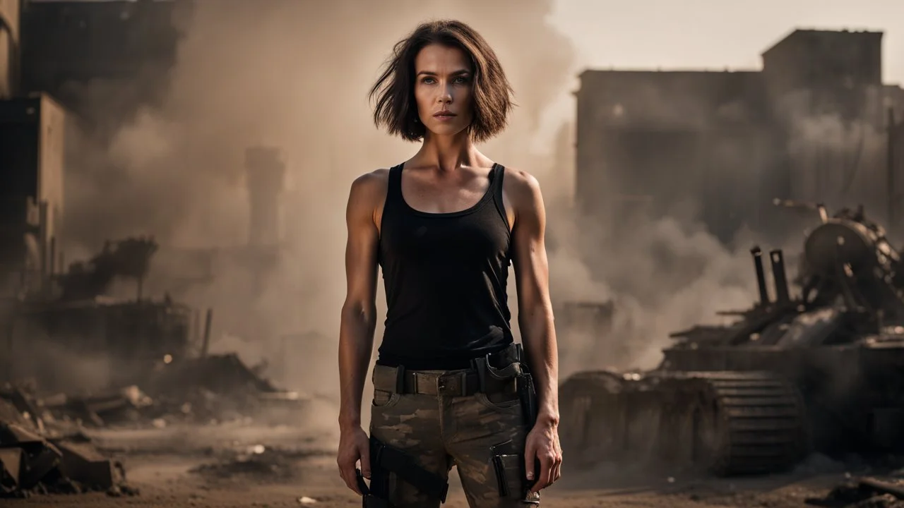 beautiful slender caucasian female technician with a knife, black tank top, well toned muscles, weathered face, scratched sand camo metal details, short brunette wavy bob haircut, dystopian, postapocalyptic city scene with smoke and explosions. giant robot in the background