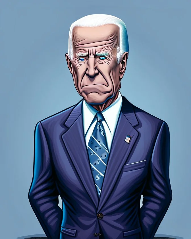 Cartoon of presidente Joe Biden cuerpo completo cara grotesca hiperdetallado traje gris colores complementarios en el fondo la casa blanca