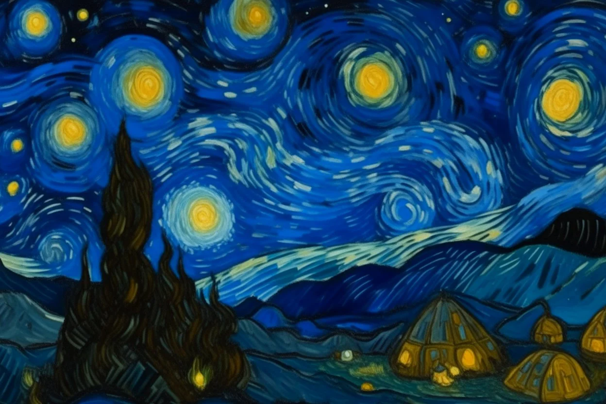 A bluish black space station with asteroids and meteors in outer space painted by Vincent van Gogh