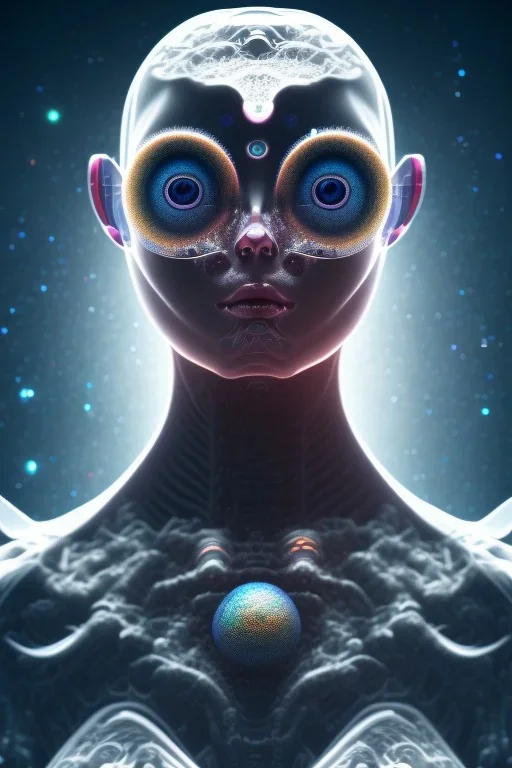 portrait full human body, meditation, third eye, universe, fourth dimension, fractal, realistic, 8k, high quality, extreme detail, symmetrical,