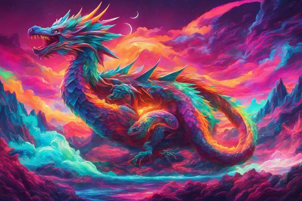 Dragon in a vibrant synthwave dreamscape, neon chaos swirling energetically around pixelated forms, a dynamic fusion of retro gaming nostalgia and futuristic abstraction