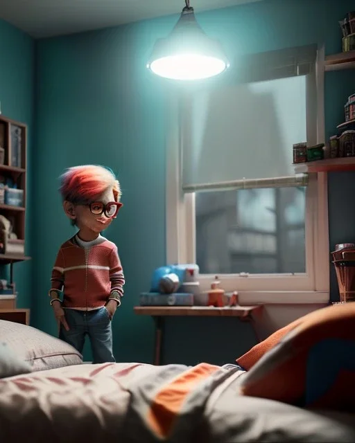 Boy room scene with color hair monster, Steven Spielberg style, realistic photo, sweet, concept art, smooth, unreal engine 5, god lights, ray tracing, RTX, lumen lighting, ultra detail, volumetric lighting, 3d.