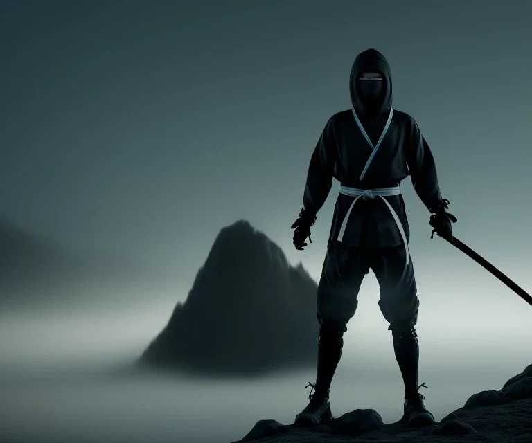 fog as Ninja portrait, black suit, in the night Alps, angels background, volumetric red light, high detail, dark leaf tree, dark mountains in background, perfect, HR Giger style, holding a sword, fighting, cinematic