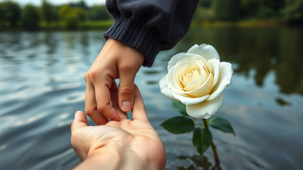 Young woman hand holding man's hand , close a white rose swims on the water, in the blur background a lake, some green trees, ultra detailed, sharp focus, perfect anatomy, perfect hands with fingers, perfect photo