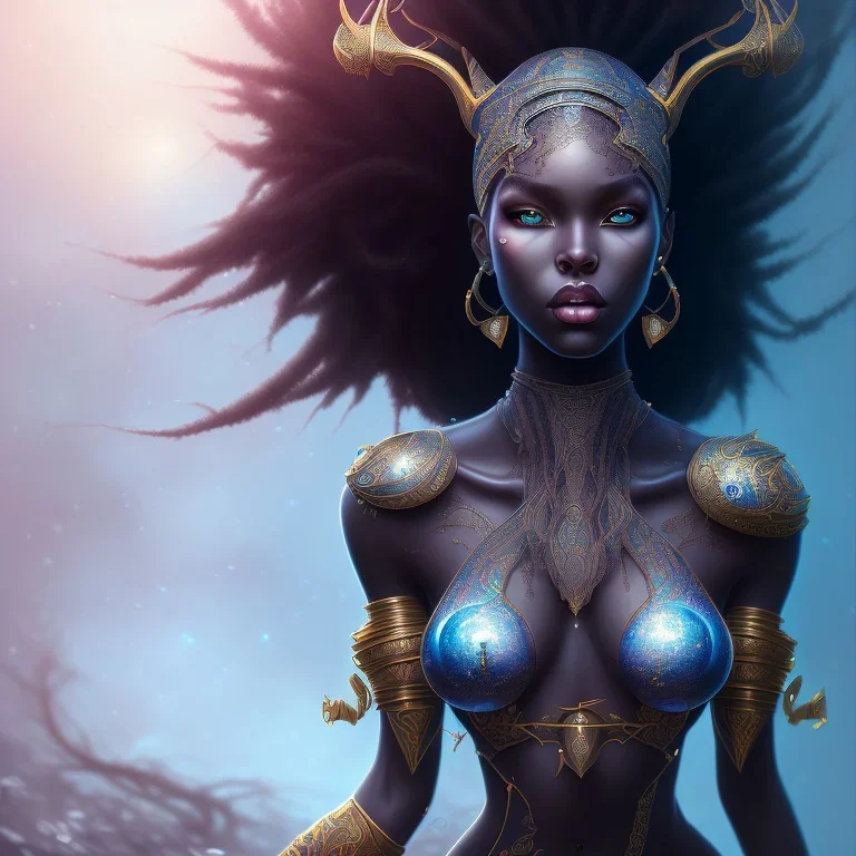 sango fantasy, fantasy magic, intricate, sharp focus, illustration, highly detailed, digital painting, concept art, matte, masterpiece head sexy lady body black African beauty space lady black leopard skin one head African hair snow background