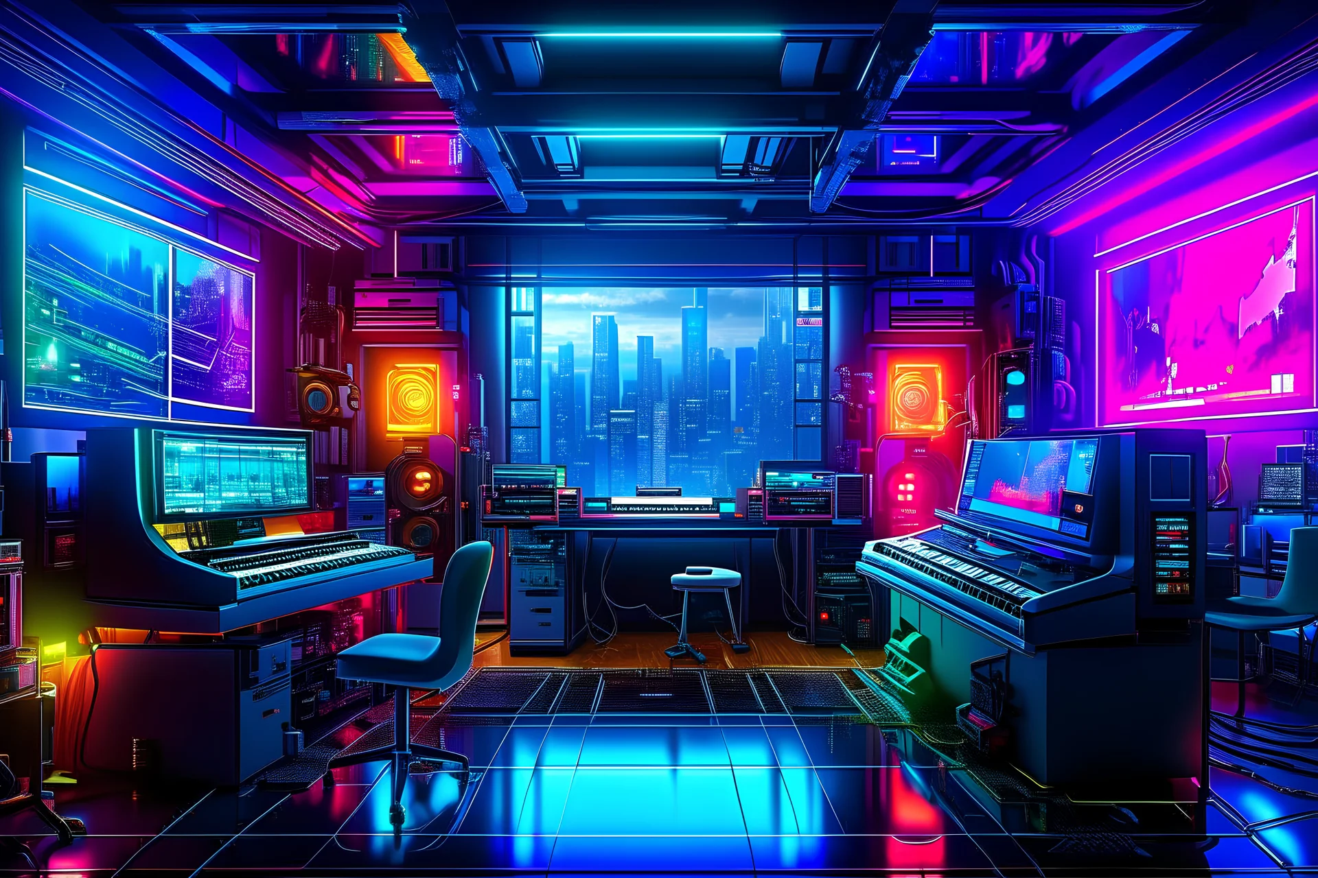 an empty tokyo music studio with keyboard desk speakers and monitors in the heart of a neon-lit, metropolis for robots, filled with diverse futuristic technology. The scene is a blend of gritty realism and vivid imagination, with towering holographic and a cacophony of sights and sounds. 32K UHD, dynamic colors, and intricate details create an immersive and engaging image.
