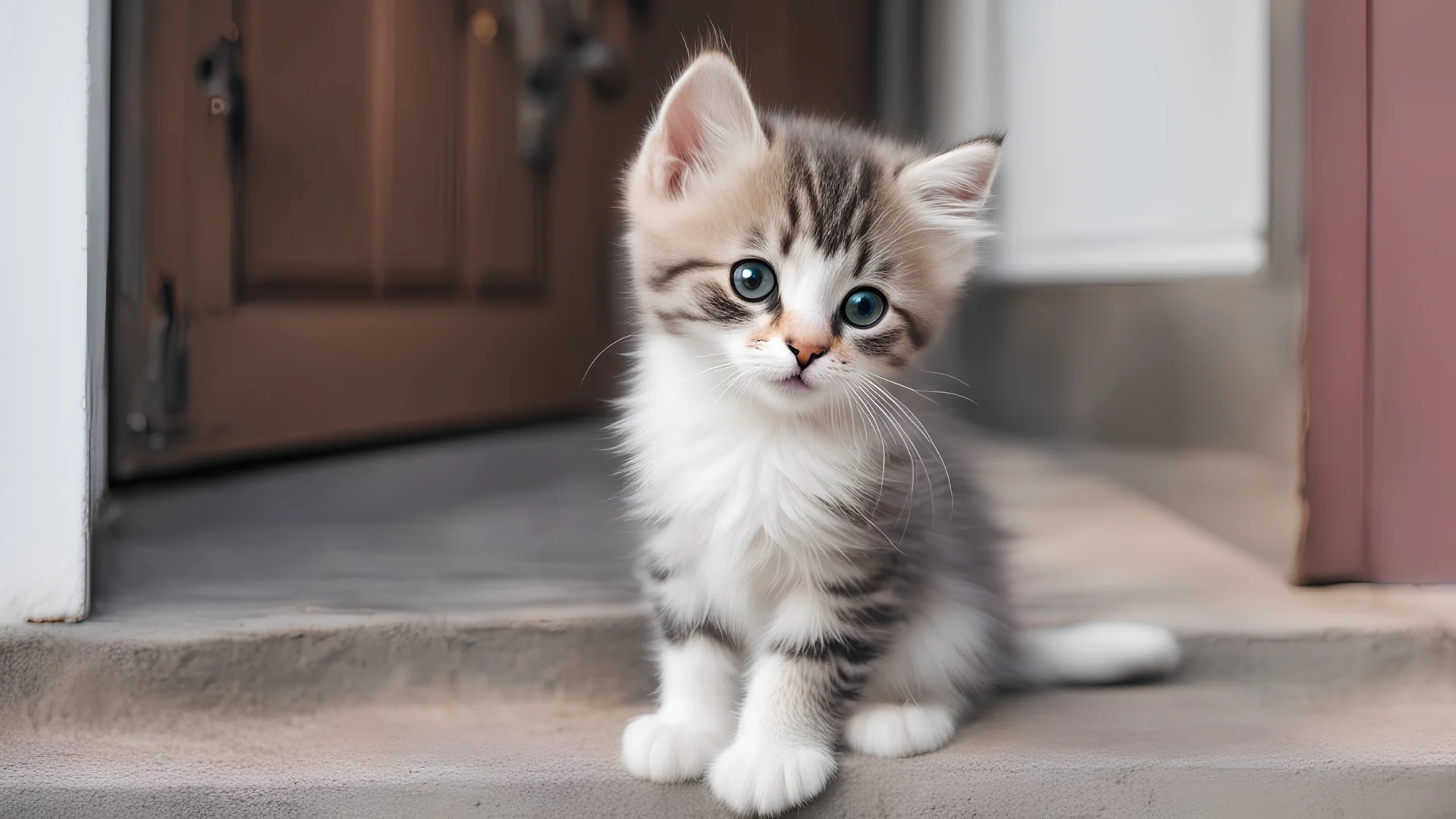 A beautiful kitten sits on the front door step