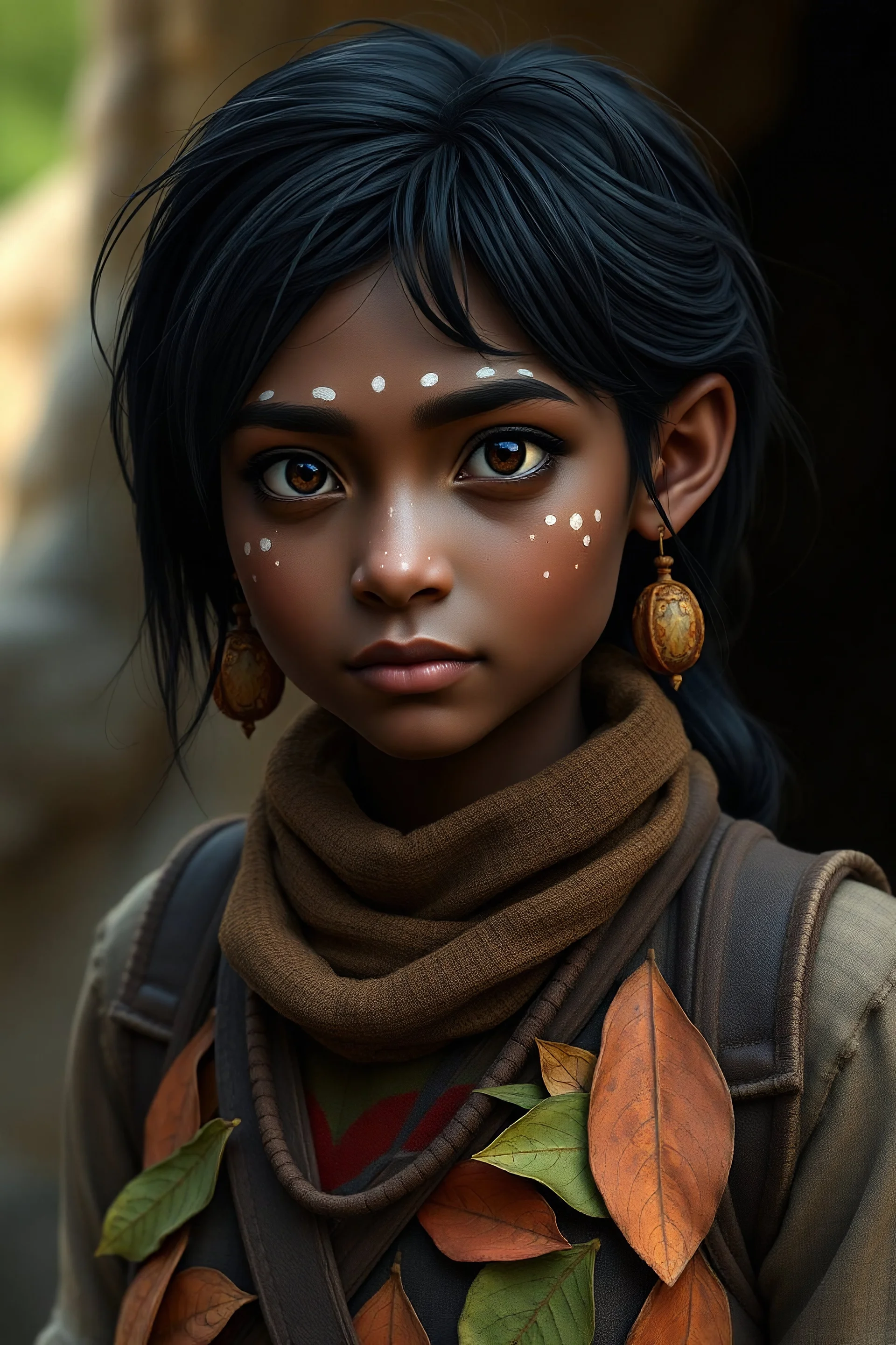 Female earth genasi with dark brown skin and black hair. White freckles dot her face. Short stature, no more than 5 feet tall. Wears casual traveler clothes and a vest made of various leaves. Roughly 50 years of age.