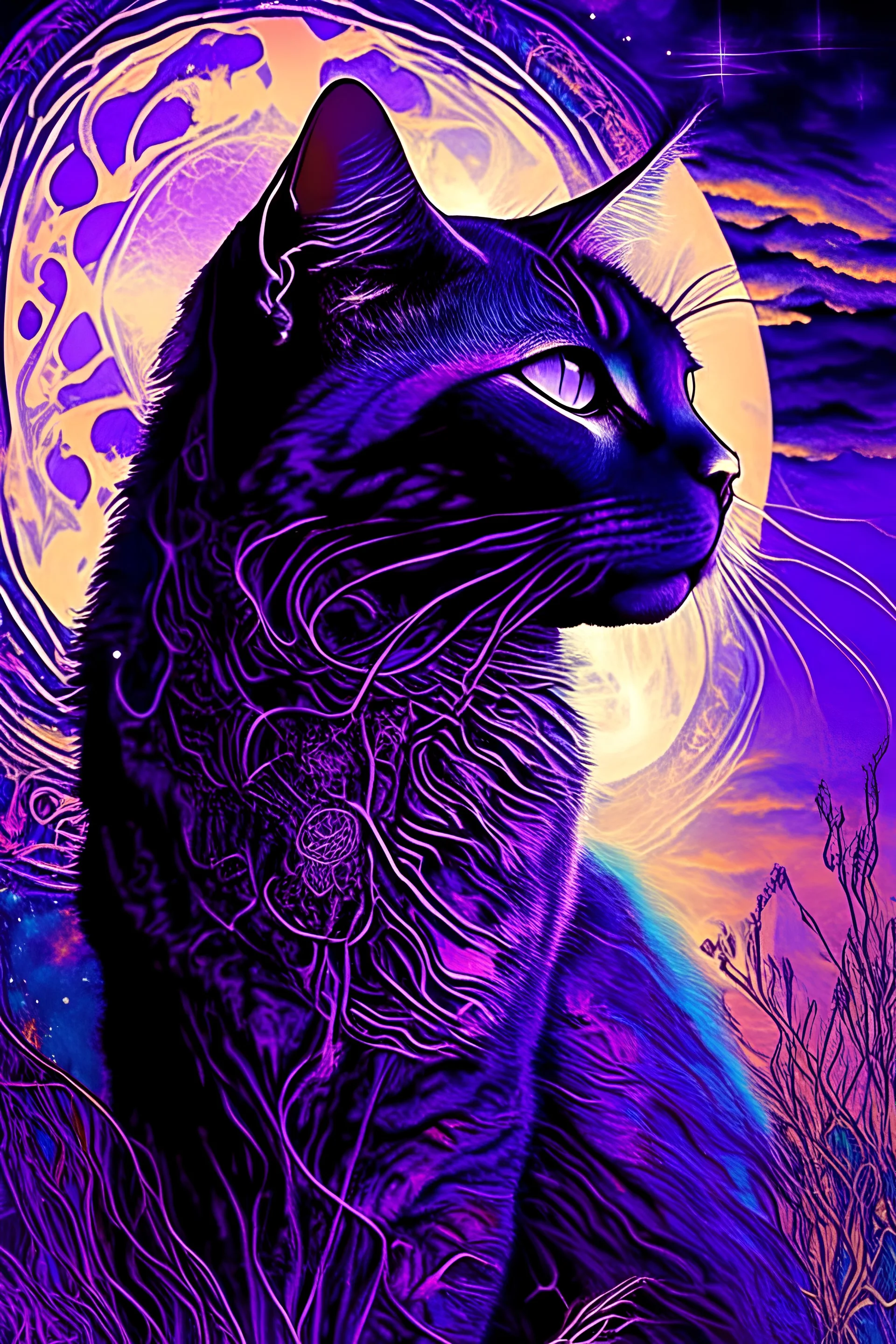 majestic cat, psychedelic, violet tones, fantasySeloi- The Witch’s Imp Once upon a time, in the heart of Botswana, lived a little girl named Seloi. She was ten years old and full of curiosity, with a heart as big as the African sky. Seloi lived in the bustling city of Gaborone with her parents, but she always looked forward to her annual visit to her grandmother's village deep in rural Botswana. This year, Seloi's excitement was palpable. Her parents packed up the car with snacks, water bottles,