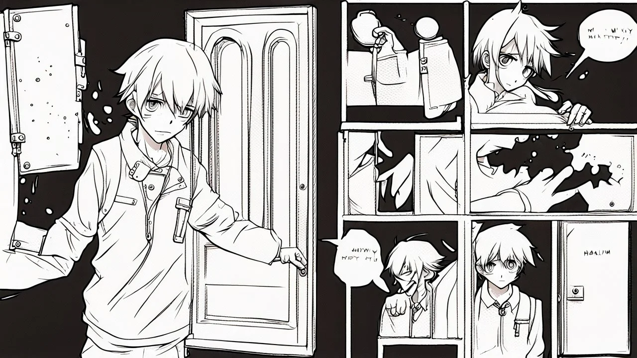 unhinged door, anime, monochrome, black background, ink, simple, maximum quality, broken hinge, barely functioning, why is it still being used it's a health hazard
