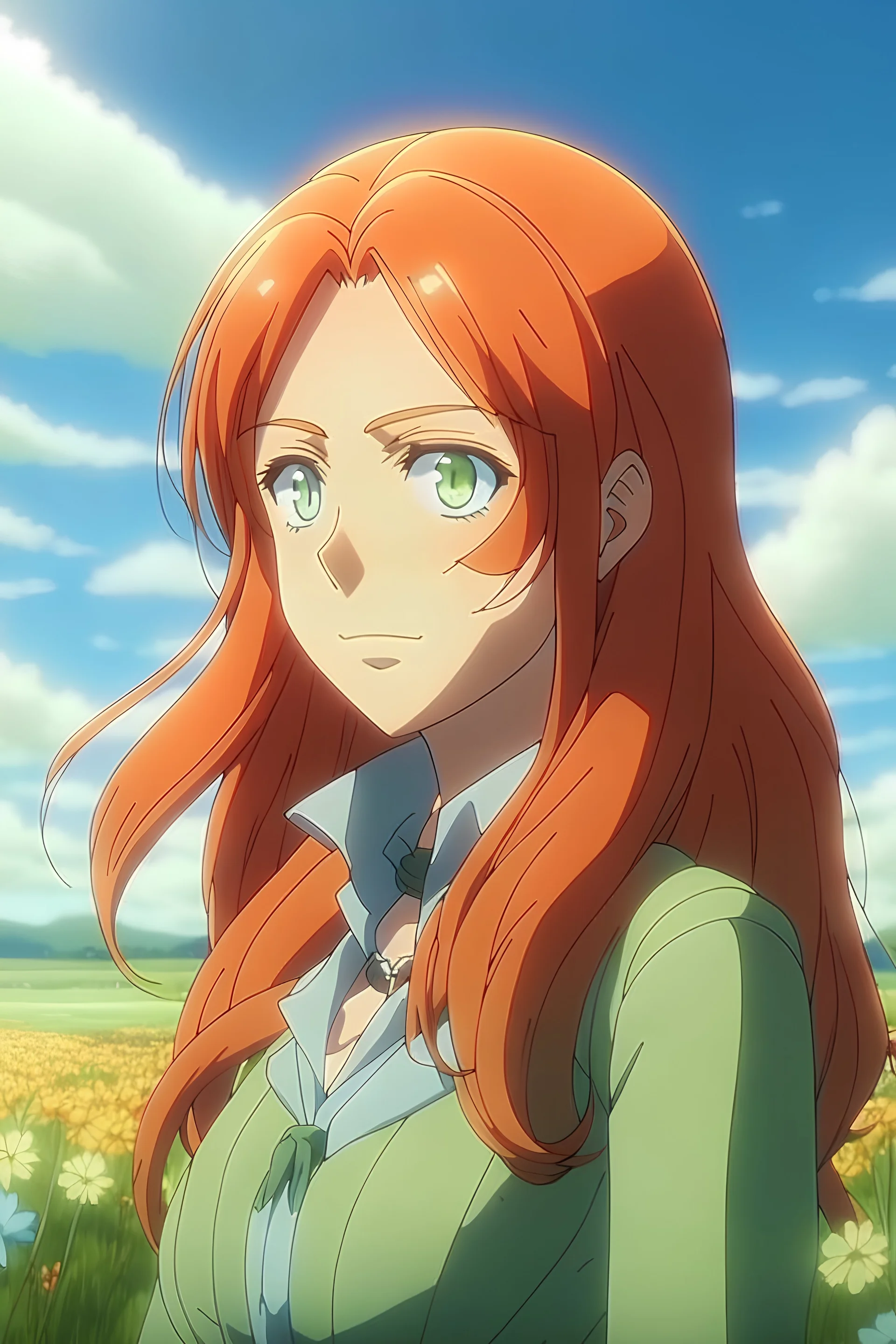 Attack on Titan screencap of a female with long, wavy light redheads hair and big greenish blue eyes. Beautiful background scenery of a flower field behind her. With studio art screencap.