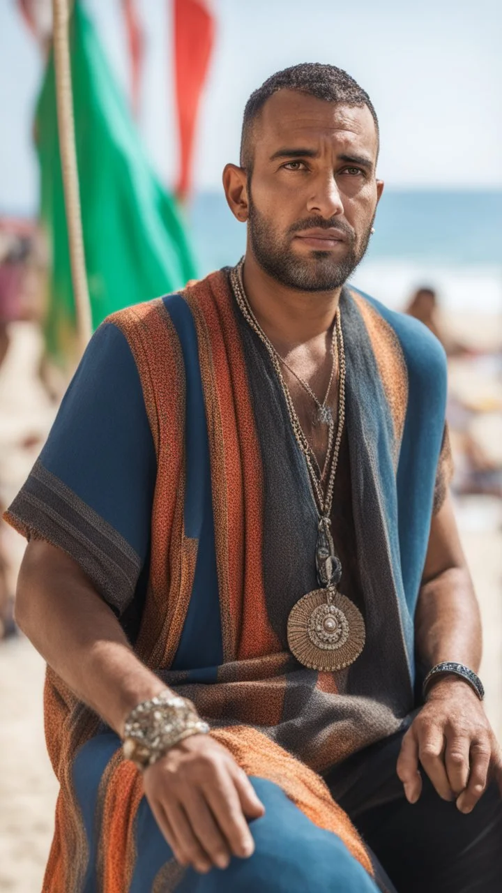 full figure shot photography of a serious ugly burly strong befy marocan 35 years old, sells colored pareos on a crowded beach, sitting on a beach chair, sunligh, photorealistic, 35mm lens, side light, ambient occlusion