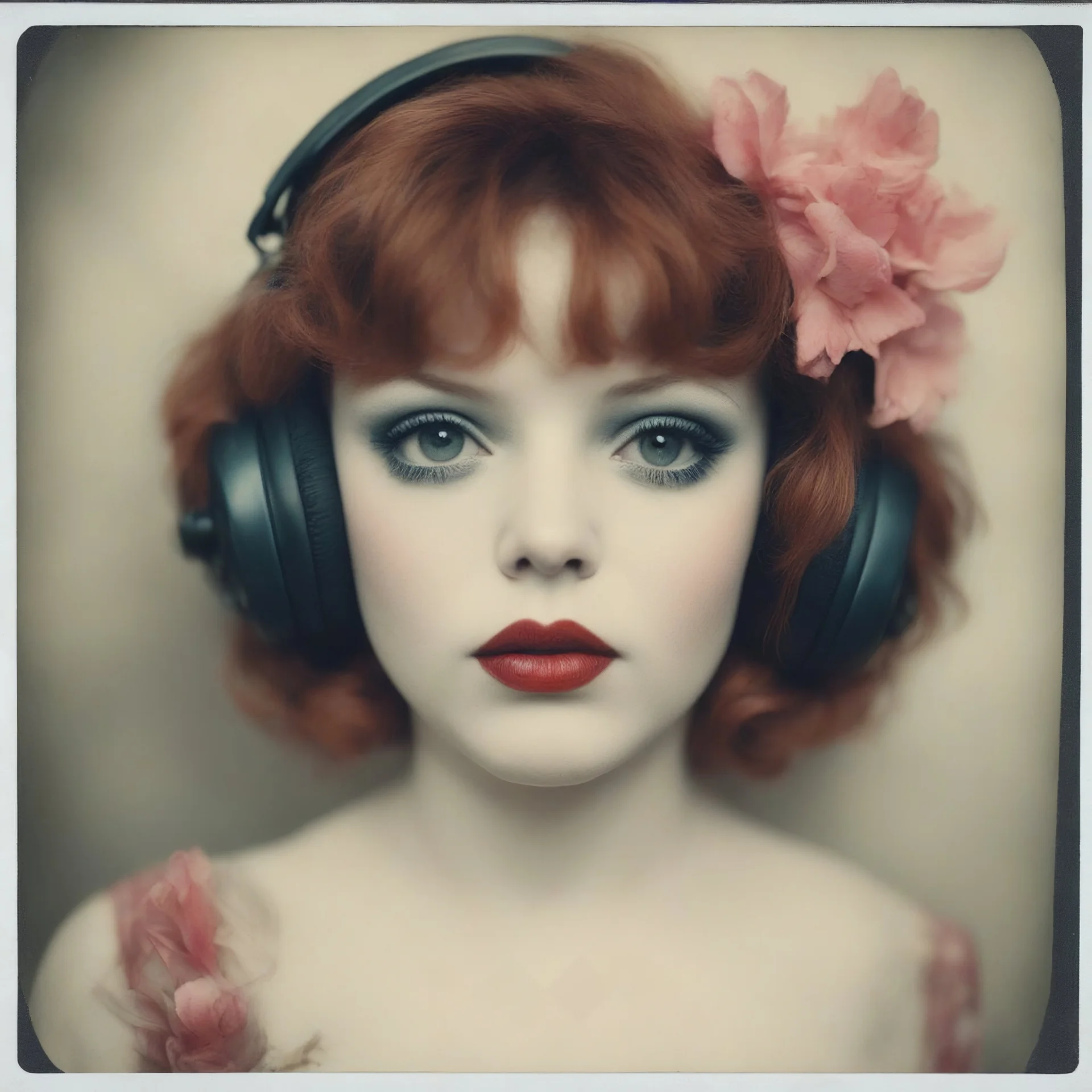 Grunge Polaroid head shot of doll-faced clara bow, natural pouty lips, red nose, hair adorned with flowers, rosy cheeks and rosy nose, headphone