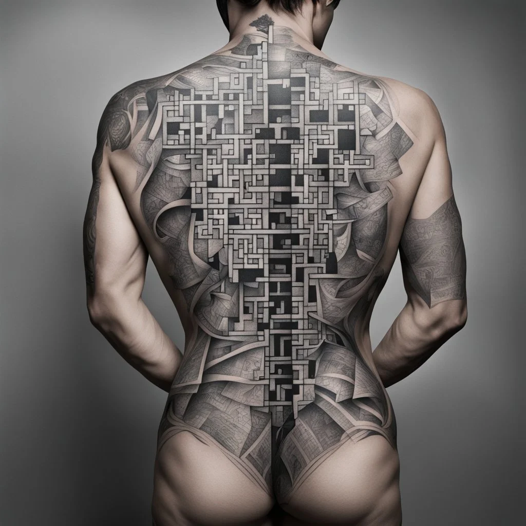 Dramatic full-back tattoo of a black and white crossword puzzle, photorealistic, dramatic, body art