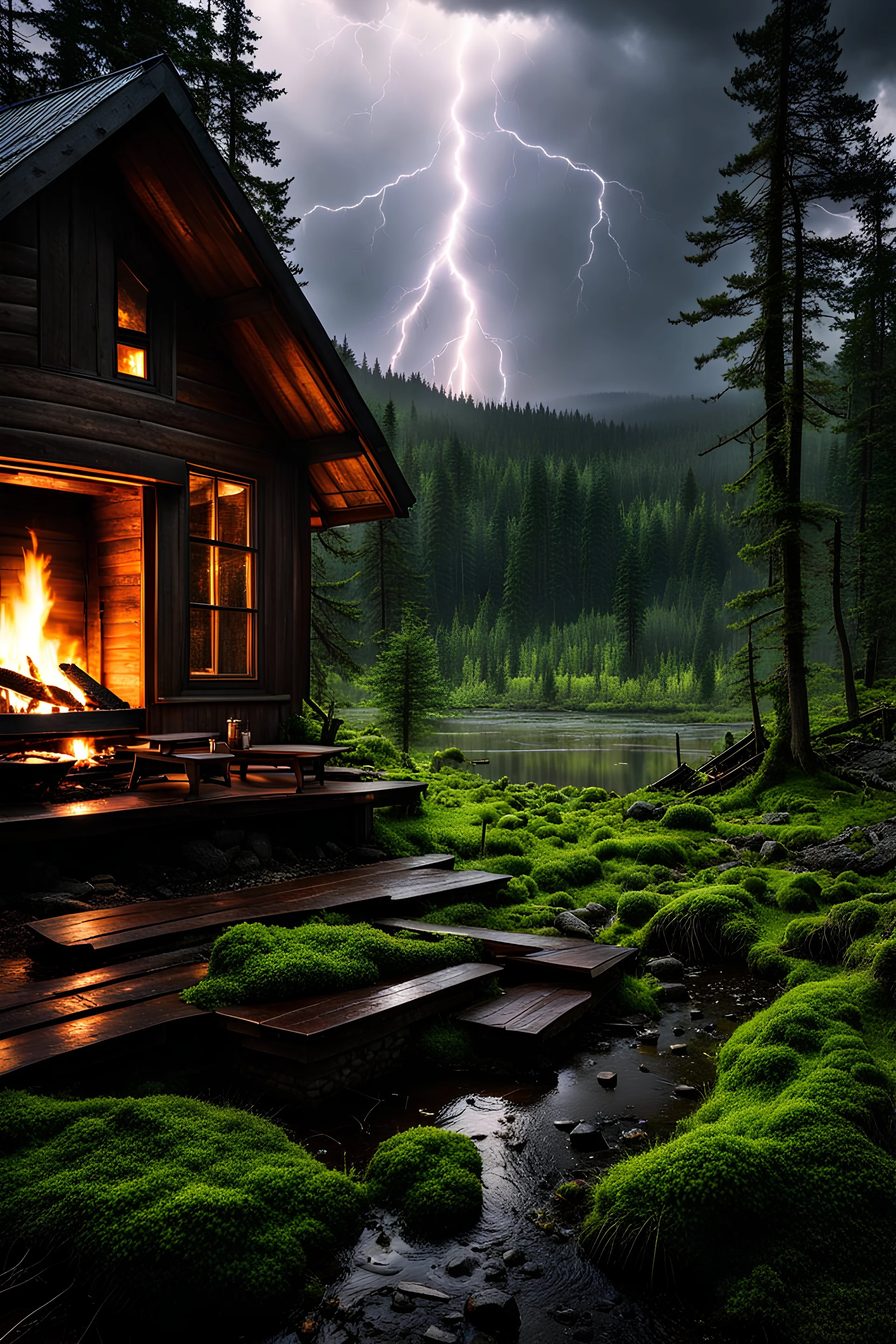 Thunderstorm with lightning, rain, crackling fireplace in a cozy cabin, mossy swamp view