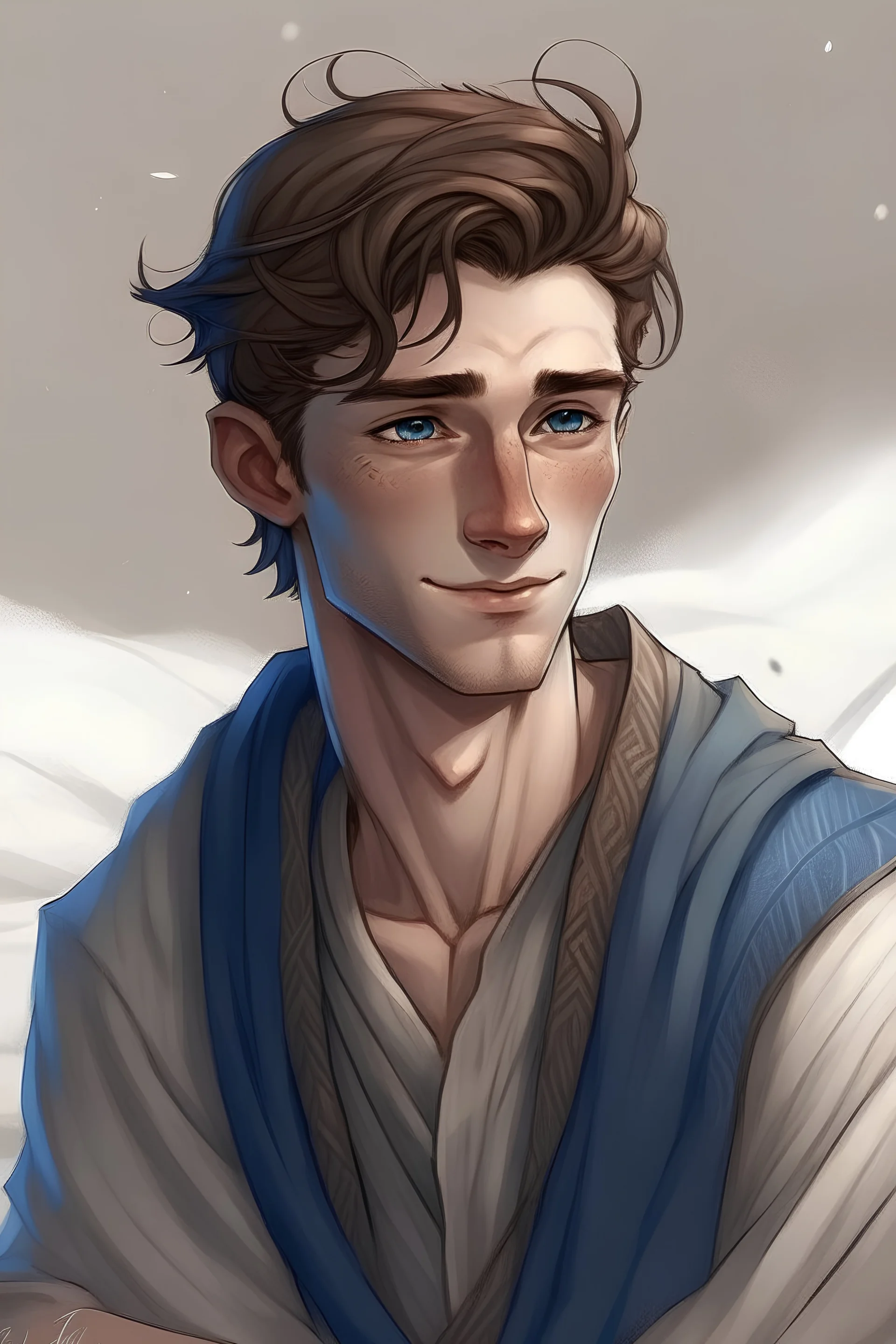 He was born in his twenties, with white, wheat-like skin, bright blue eyes, and very light freckles. He had very sharp, Arab features, and he laughed with his hair. It is dark brown and silkyHe wears heavy clothes because of the winter