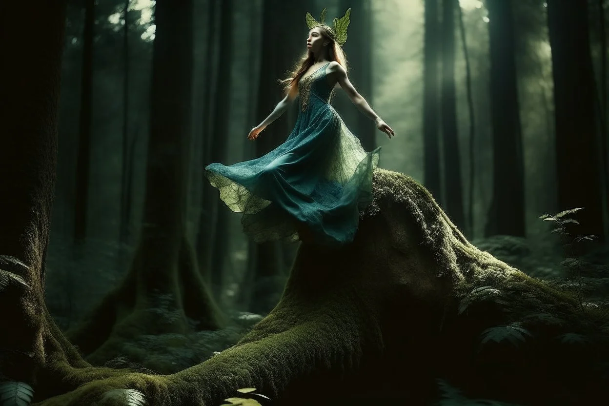 figure of a girl in the shape of a fairy, levitating on a trunk, in a very lush forest, cinematographic image