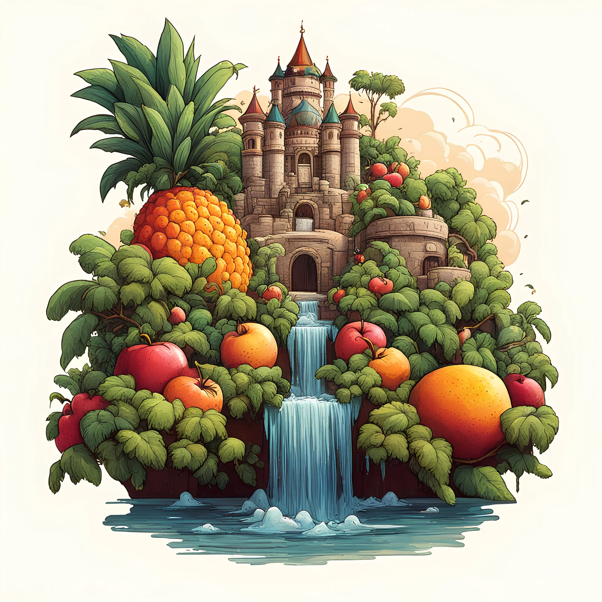 juice kingdom AI design all fruits and add bottle in the river