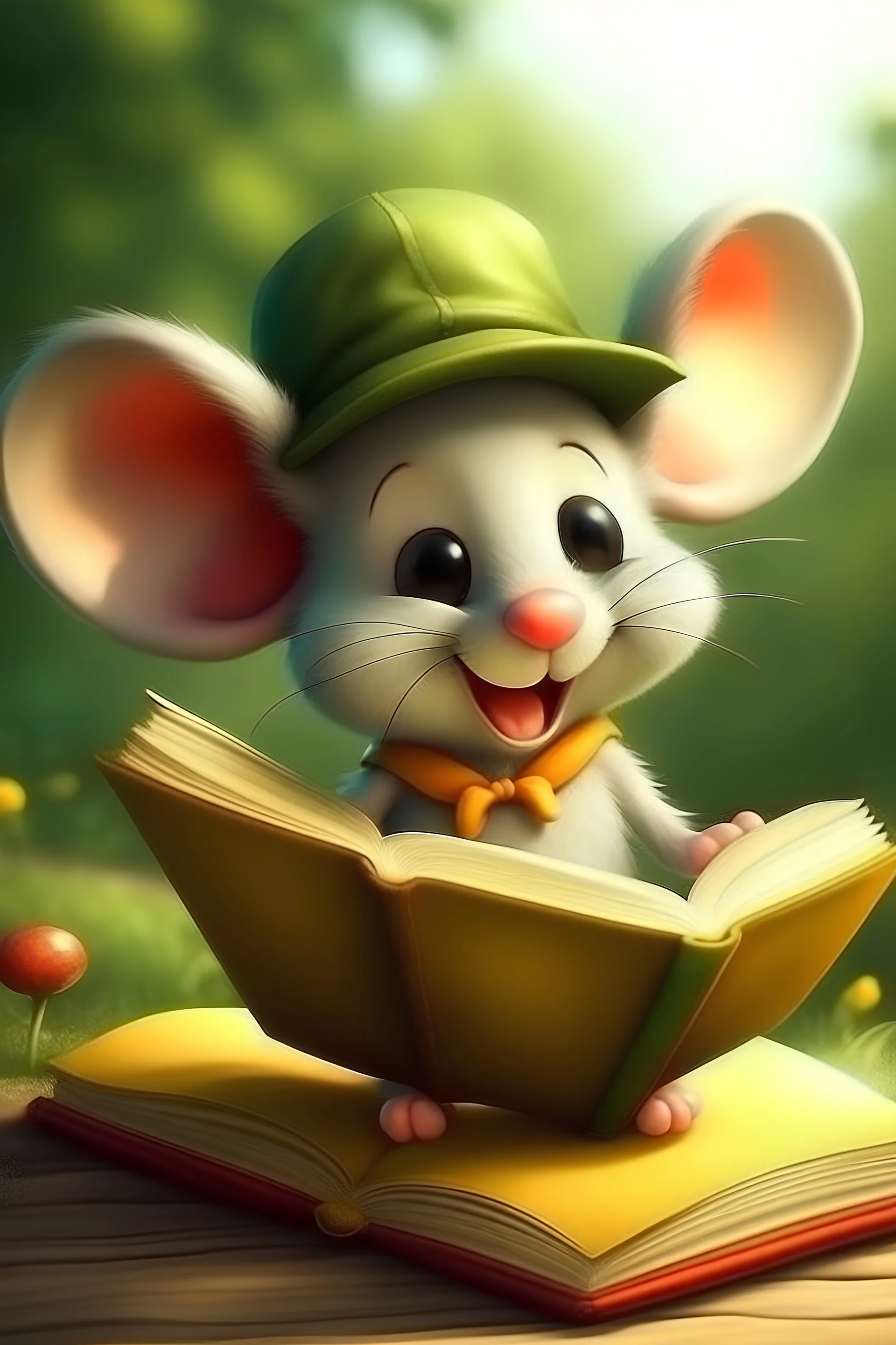 mouse Tim in funny hat book on his hand go to adventure