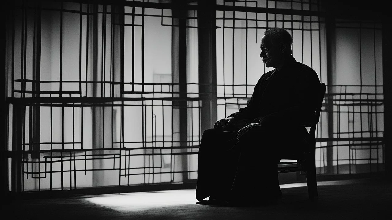 ، يظهر رجل جالس على كرسي في غرفة مظلمة. وجهه غير واضح، لكن يمكن رؤية عينيه مغمضتين. الرجل يرتدي ملابس سوداء، ويبدو أنه في حالة من الهدوء والتأمل.